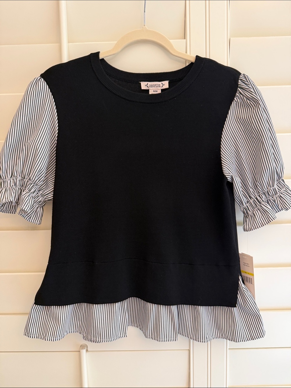 Nanette Lepore Black Knit Top with Black-and-White Striped Puff Sleeves